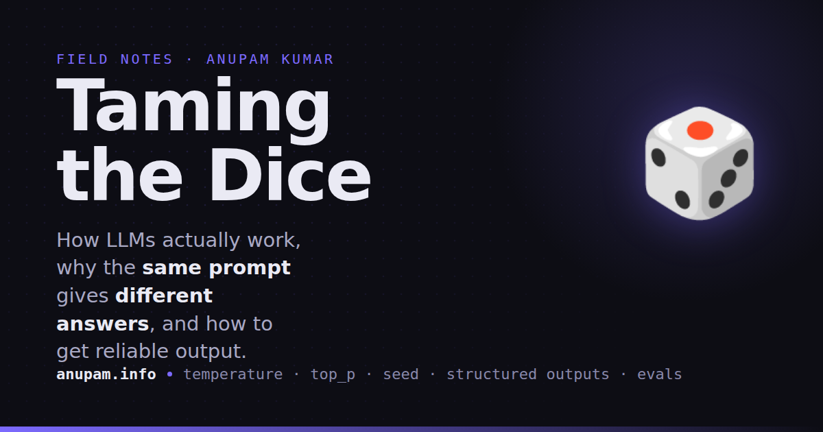 Taming the Dice - a field guide to how LLMs work, why the same prompt gives different answers, and how to get reliable output.
